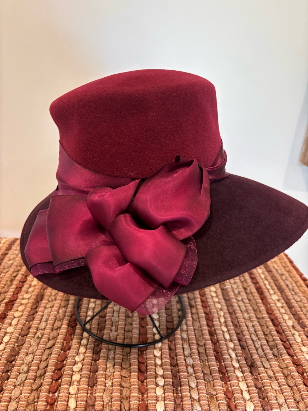 Louise Green Wool Felt Wide Brim Hat Burgundy Colorblock Satin Statement Derby